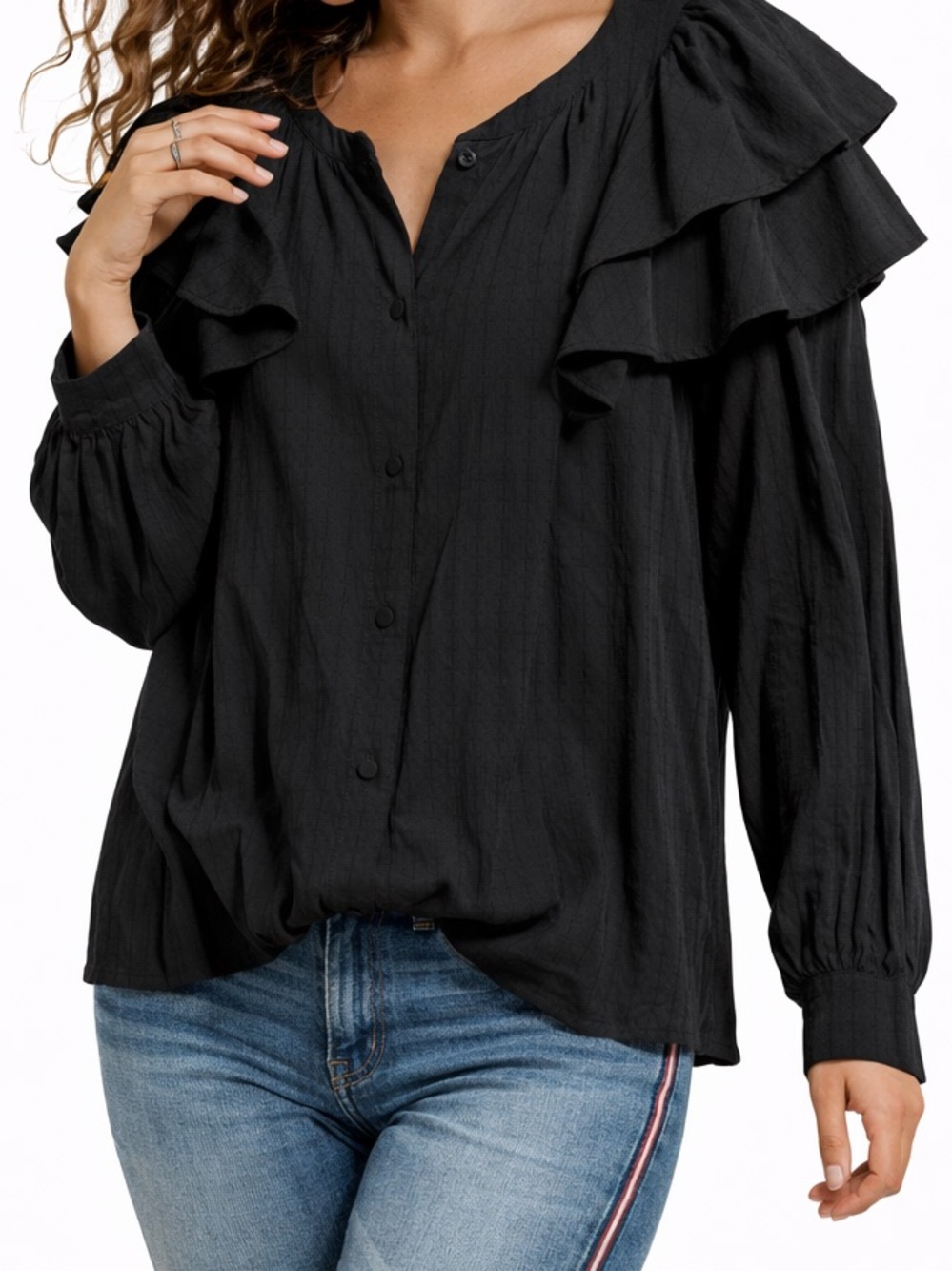 Ann Taylor Womens Medium Black Ruffle Shoulder Button Front Blouse Tiered Sleeve